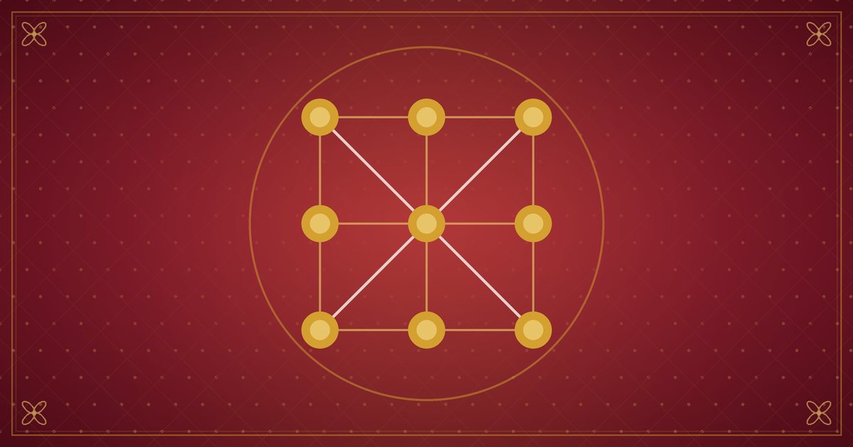 Illustration of a three-by-three grid of golden dots joined by fine lines, in red and gold