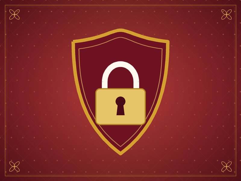 Illustration of a shield with a padlock, in red and gold