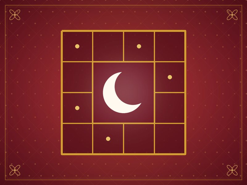 Illustration of a twelve-box square chart with a crescent moon at its centre, in red and gold