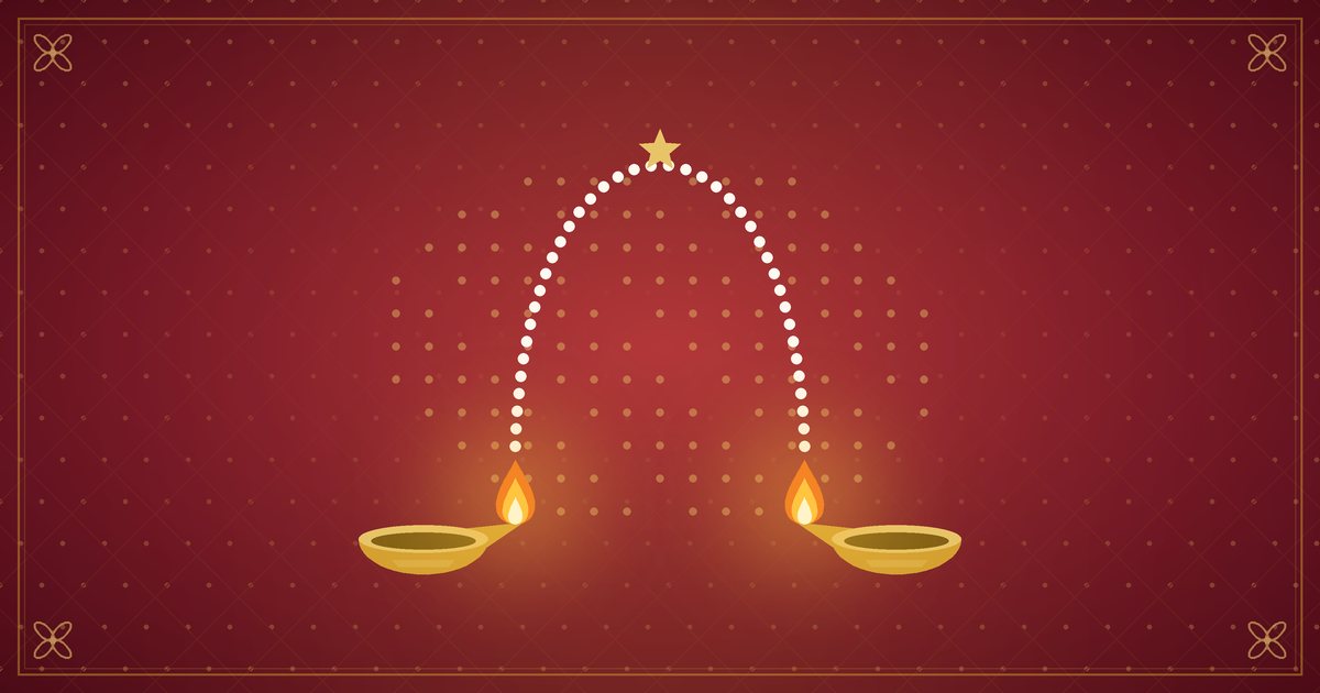 Illustration of two brass lamps joined by a dotted arc, suggesting families across countries, in red and gold